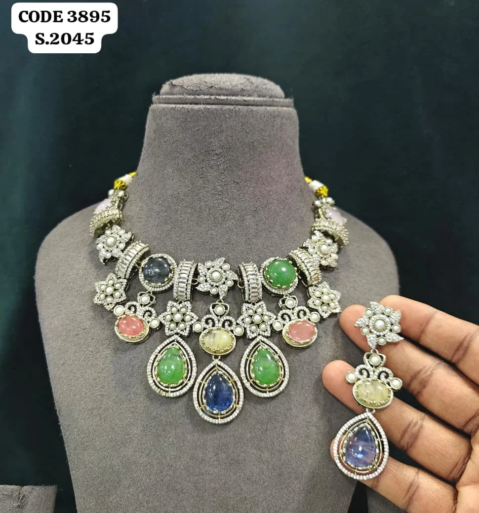 Luxury Antique Silver Finish Victorian Necklace Set with Green White Stones Designer Bridal Wedding Party Jewelry Set