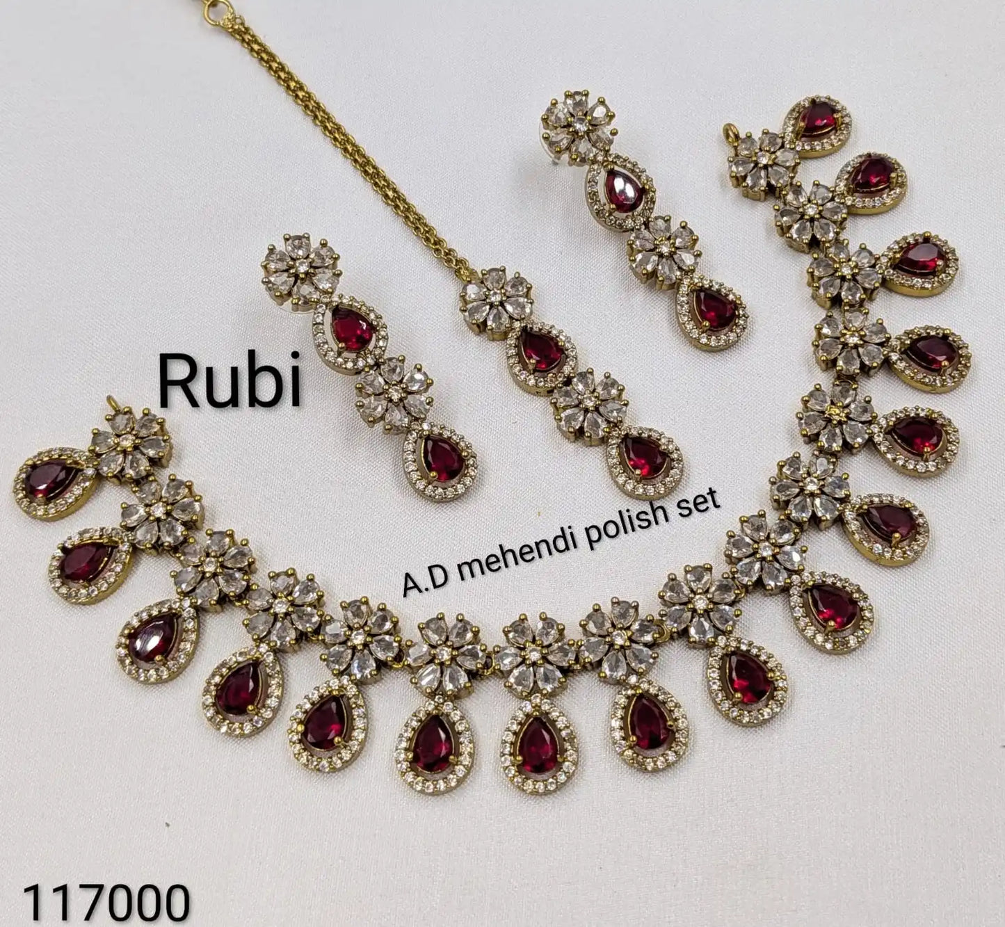 AD Green Mehendi Polish Necklace Set with Earrings and Maang Tikka, Bridal Artificial Jewellery, American Diamond Floral Design