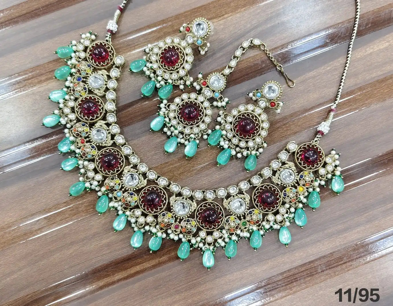 Luxury Antique Gold Plated Kundan Necklace Set with Ruby Mint Green Beads, Earrings, Maang Tikka Bridal Wedding Jewelry Set