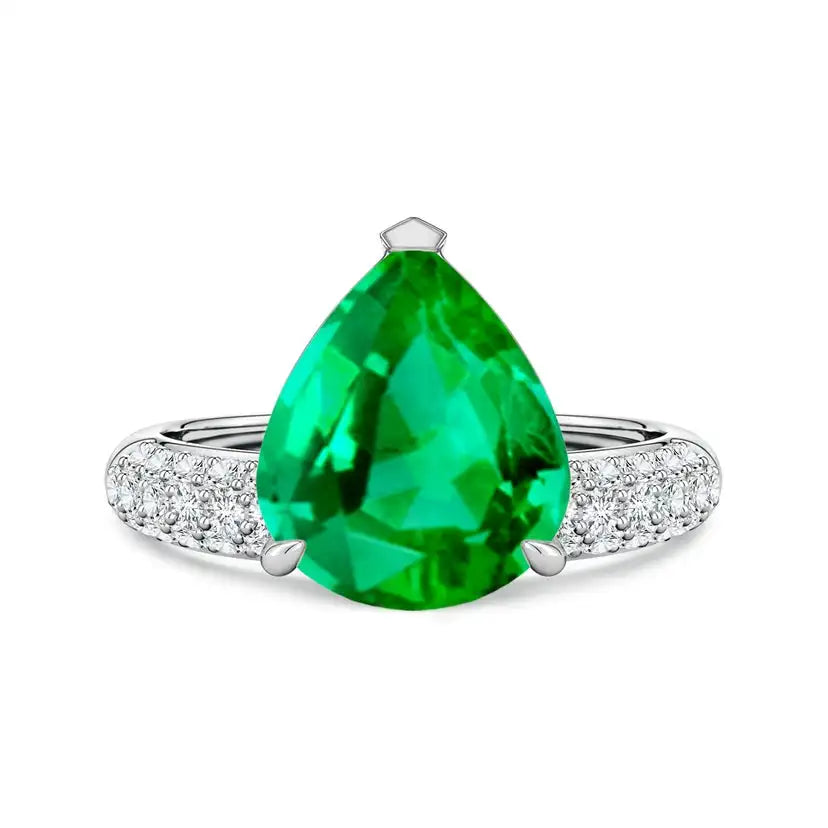 14K Solid Gold Off-Centered Pear Emerald Engagement Ring with Diamond Accents Handmade Customized Fine Jewelry Wedding