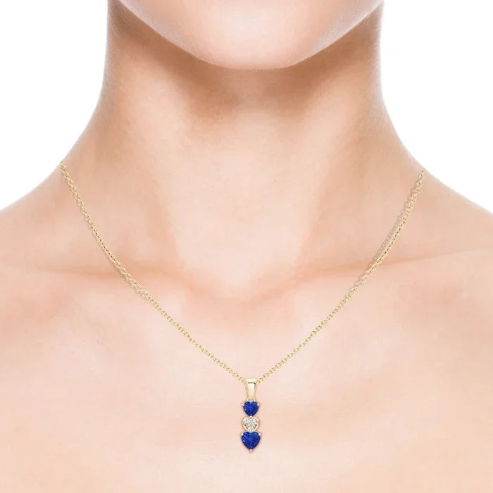 14K Pure Gold Natural Heart Cut Blue Sapphire & Diamond Dangling Three Heart Pendant IGI Certified Romantic Fine Jewelry Pendant