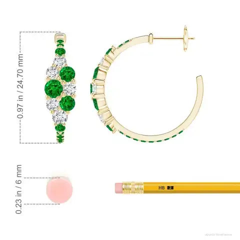 Cluster Hoop Design with Round Emeralds and Diamonds, Floral-Inspired Setting, 14kt Solid Gold Finish and Hinged Closure