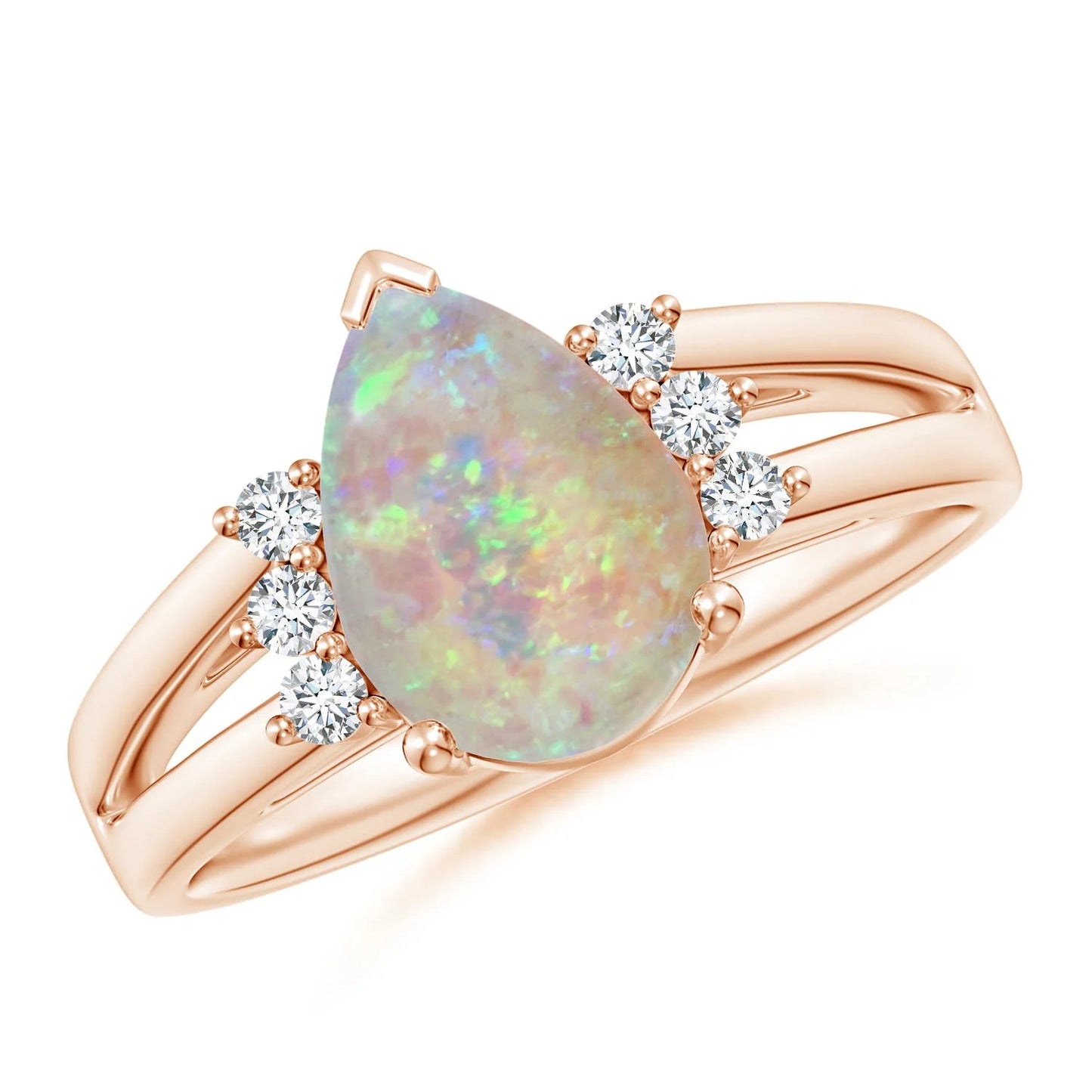 14K Pure Gold Pear Cut Natural Ethiopian Opal Gemstone Ring with Triple Diamond Accents Split Shank Engagement Ring Fine Jewelry