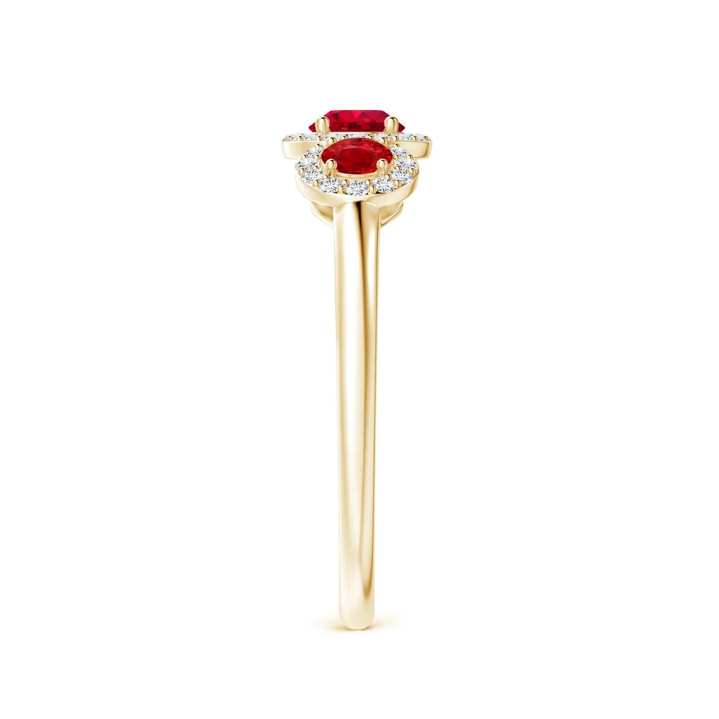 14K 18k Solid Gold Round Cut Ruby Three Stone Halo Engagement Ring with Accent Pave Diamonds Custom Handmade Fine Jewelry Ring