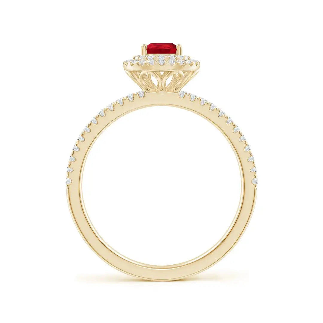 14K Solid Split Shank Pear Cut Natural Red Ruby and Diamond Double Halo Engagement Ring Certified Fine Jewelry Ring For Woman