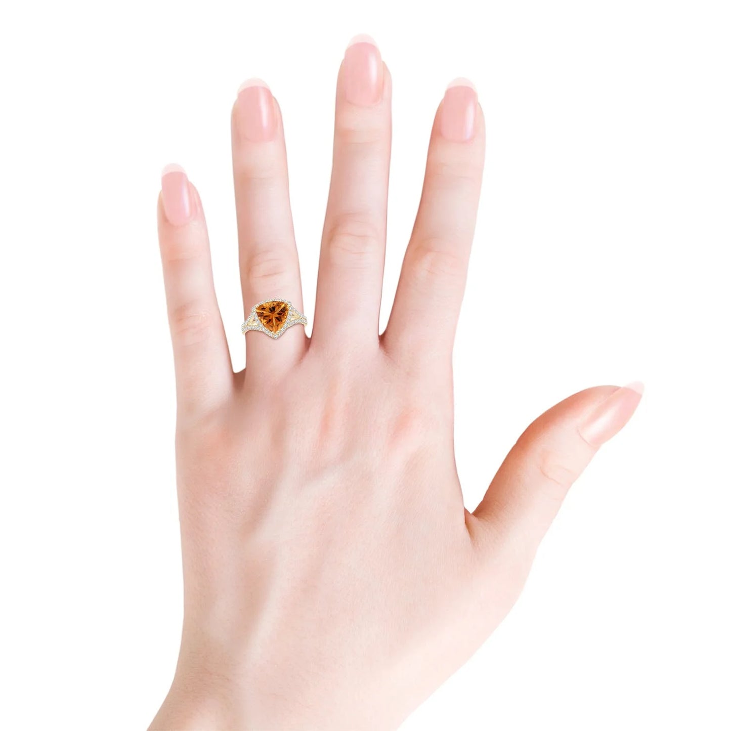 14K Solid Gold Trillion Cut Natural Citrine Cocktail Ring with Diamond Accents Unique Design Pave Sett Diamond Split Shank Ring