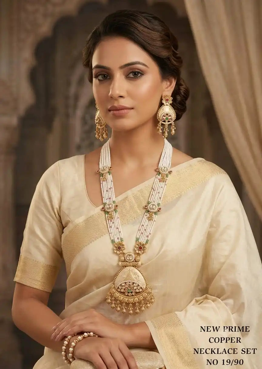 Premium Matt Gold Kundan Long Necklace Set with Earrings Traditional Temple Jewelry Pearl Beaded Pendant Necklace Indian Bridal