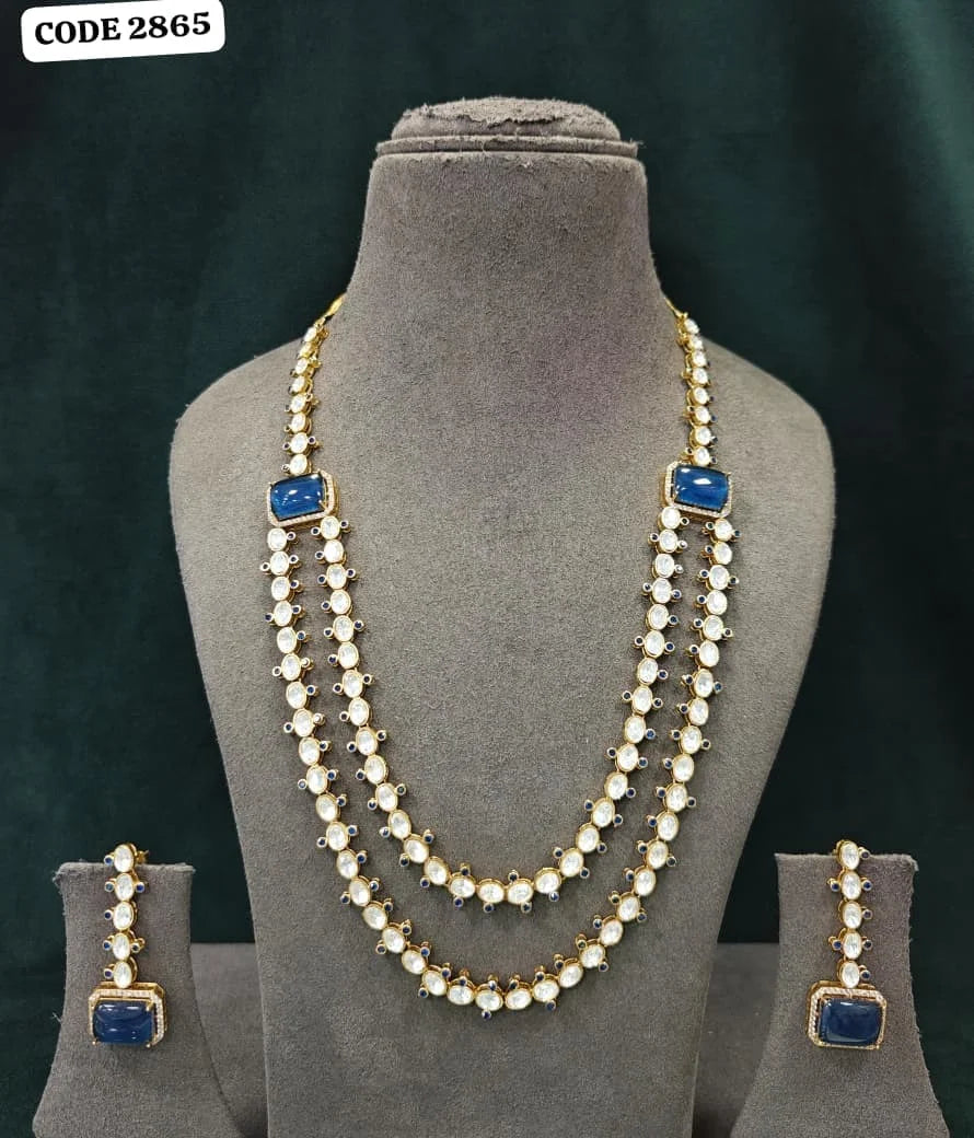 Luxury Blue Stone Pearl Necklace Set for Women Gold Plated Bridal Wedding Party Wear Indian Ethnic Jewellery Collection Set