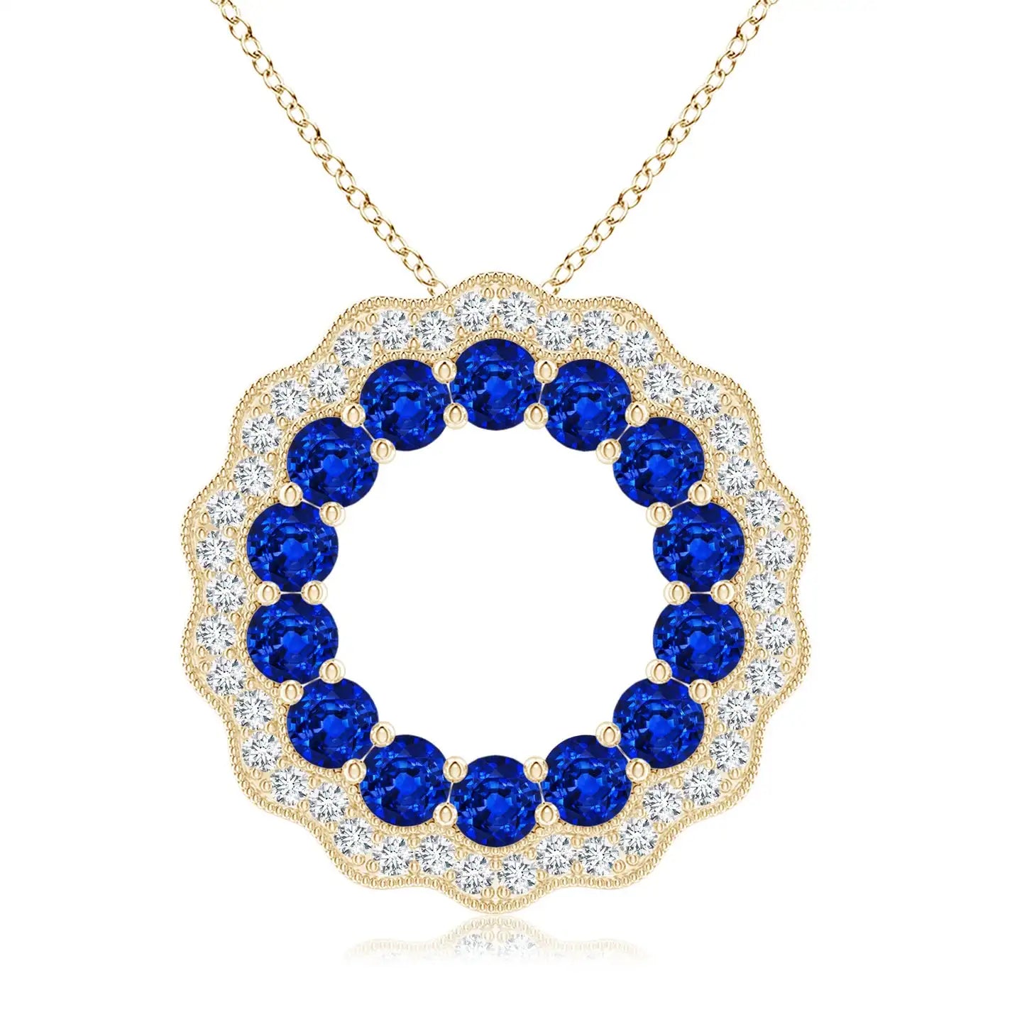 Top Quality Handmade Party Wear Hollow Circle Pendant For Woman 14k 2.5MM 0.88 Ct Blue Sapphire & Diamond Floral Circle Pendant