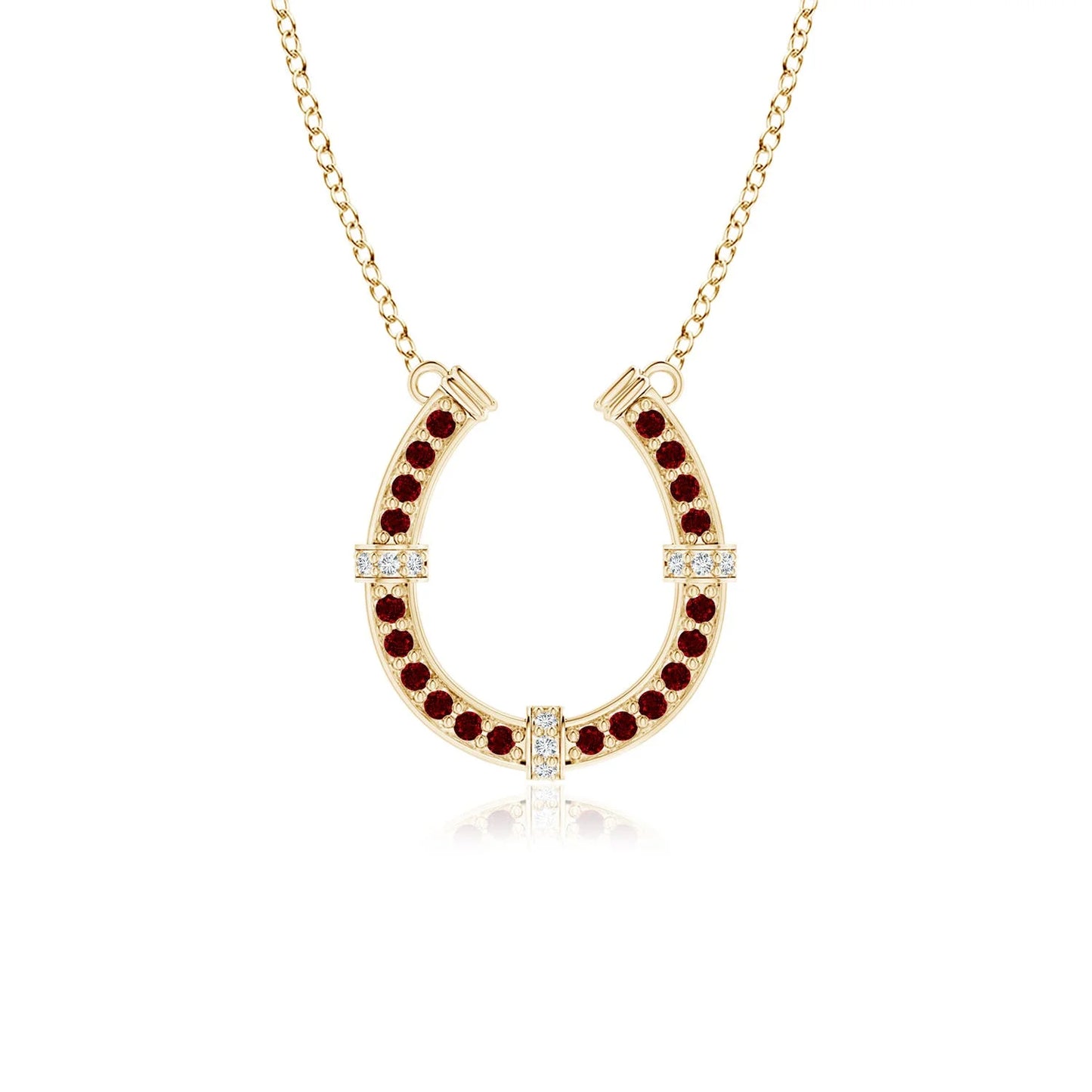 14K Solid Gold Pave-Set Ruby & Diamond Horseshoe Design Pendant Link Chain Necklace Top Quality Lucky Charm Pendant Gift For Her
