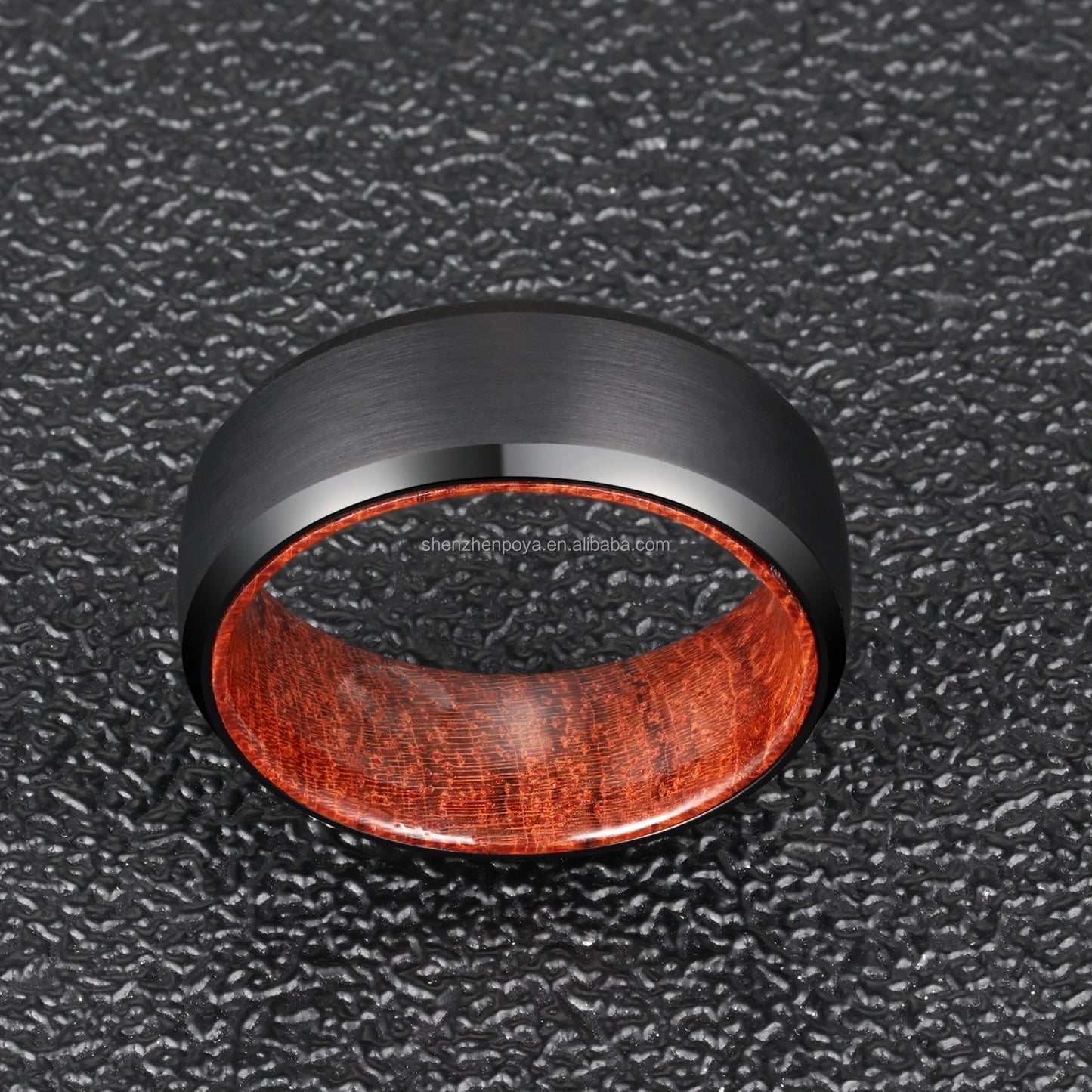 POYA 8mm Silver Black Tungsten Rose Wood Inlay Simple Mens Wedding Band Bevelved Edge Matte Finished