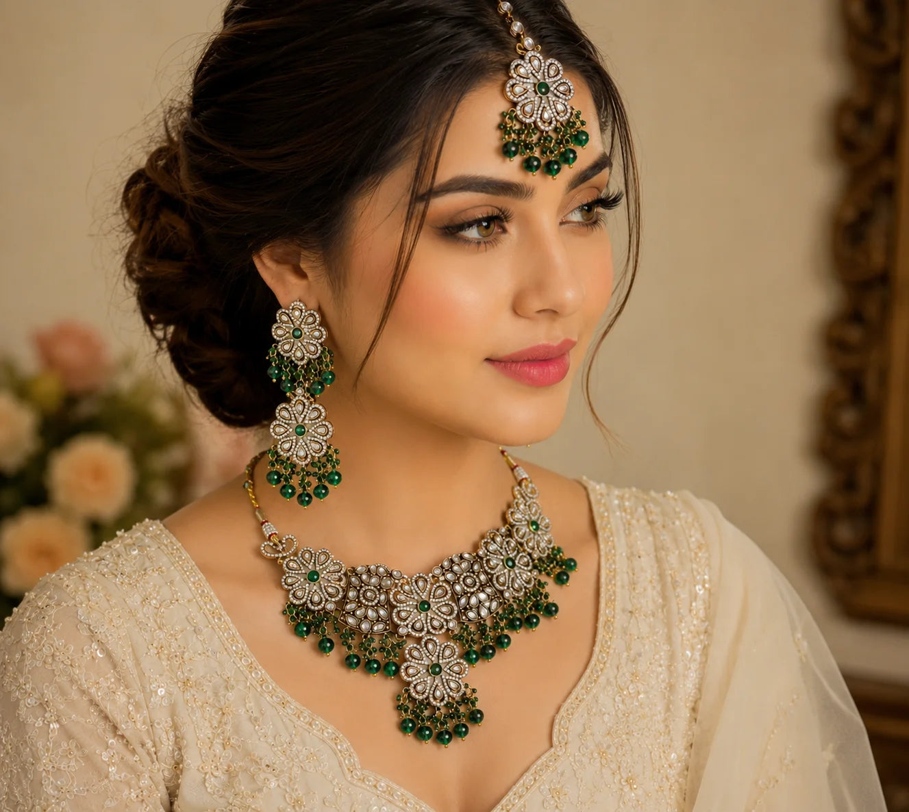Luxury Green Floral AD Choker Necklace Set with Matching Earrings and Maang Tikka Cubic Zirconia Rhodium Plated Bridal Wedding
