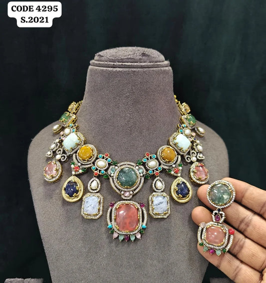 Lakshmi Elegant Multi-Color Gemstone & AD Accented Royal Statement Necklace Set Antique Gold Plated Necklace Bezel Setting Bridal Set