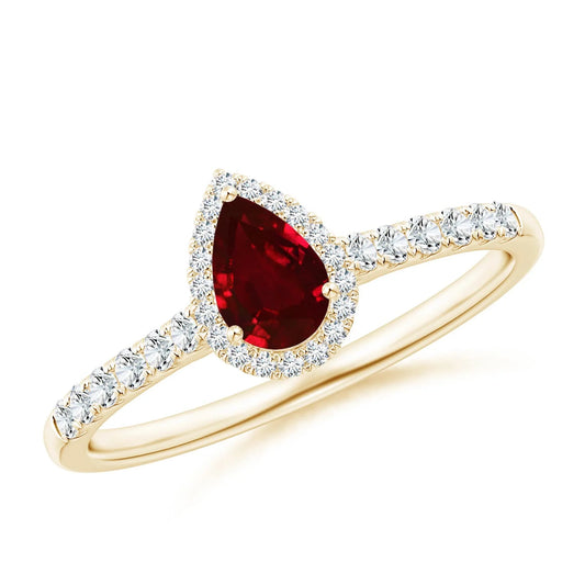 New Arrival 14K Gold 6*4mm Pear Natural Ruby Halo Diamond Engagement Ring Birthstone Jewelry Ruby With Pave Accent Diamond Ring