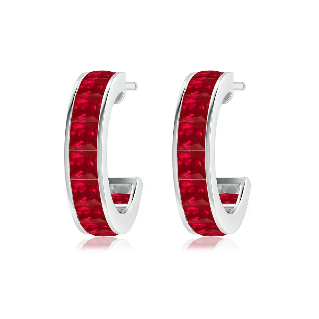 Ruby Hoop Earrings 14kt White Gold Channel Set Princess Cut Ruby Fine Jewelry Earrings for Women
