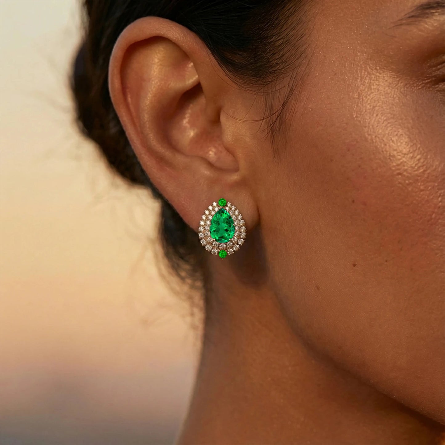 Lab Grown Emerald Gemstone Teardrop Halo Stud Earrings Solid 18kt Yellow Rose White Gold Rhodium Cute Design Gift For Her