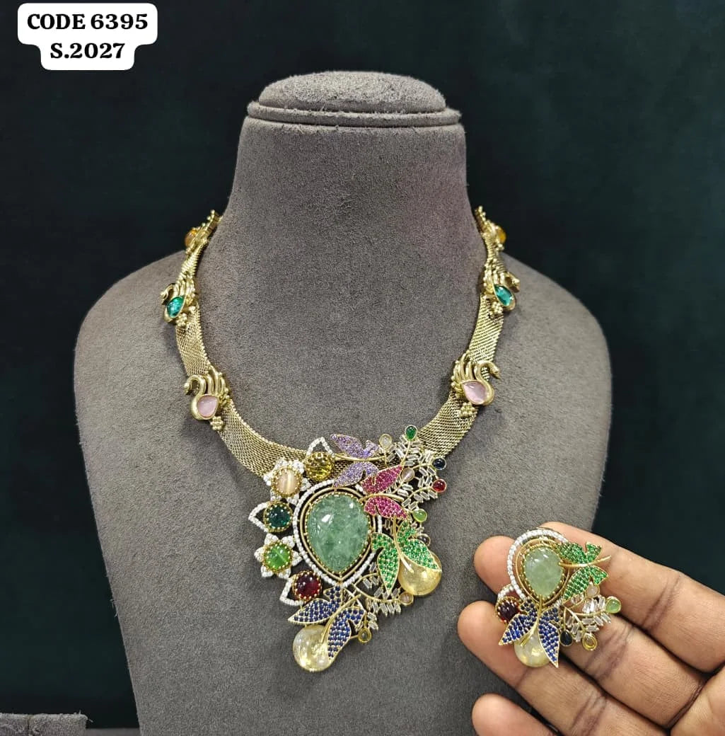 Luxury Royal Floral Peacock Emerald Pear Gemstones Statement Choker Necklace Earrings Set Premium Party Designer Costume Jewelry