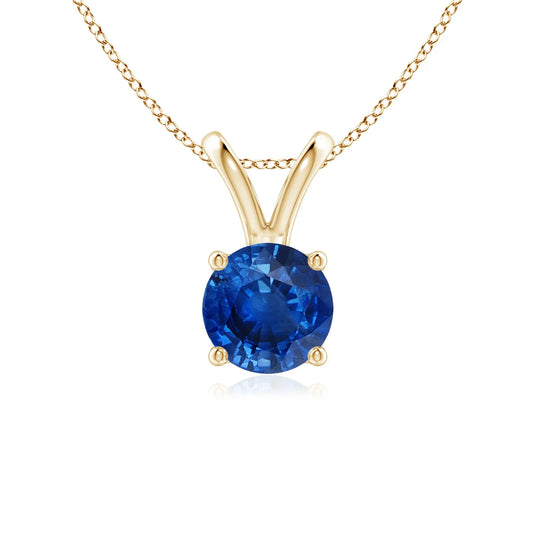 14K Solid Gold Natural Round Cut Blue Sapphire V-Bale Solitaire 4 Prong Set Pendant High Quality IGI Certified Gemstone Pendant