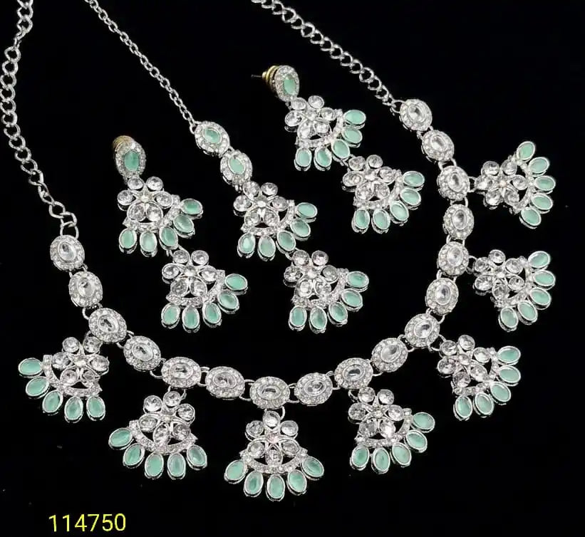 Luxury Silver Plated Pastel CZ Floral Necklace Set with Earrings & Women Bridal Wedding Party Wear Fashion Jewelry Set For Women