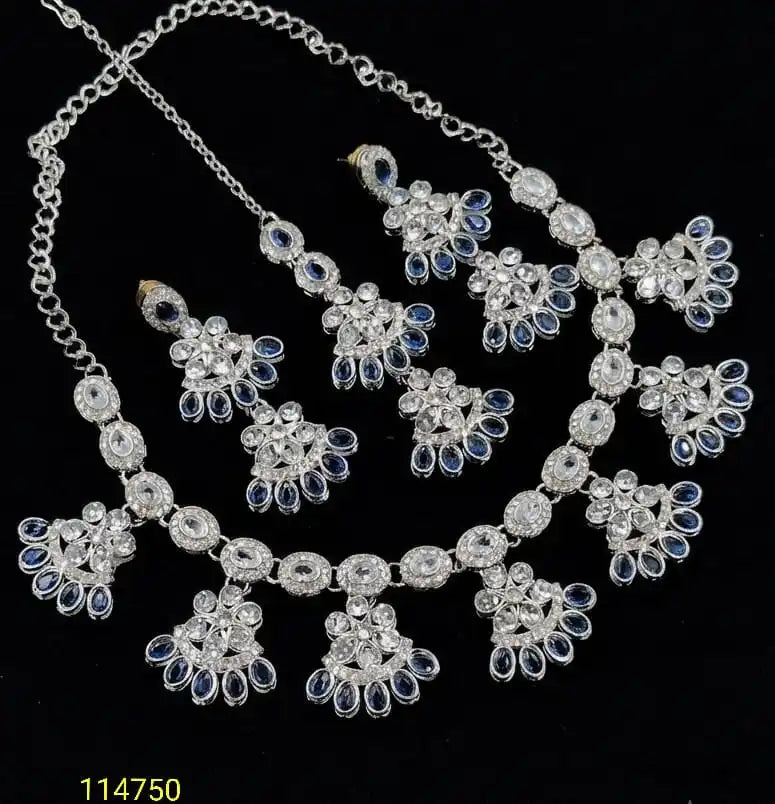 Luxury Silver Plated Pastel CZ Floral Necklace Set with Earrings & Women Bridal Wedding Party Wear Fashion Jewelry Set For Women