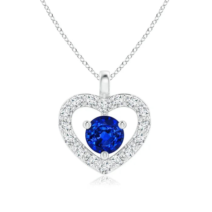 High Quality 14k Solid Gold Solitaire Blue Sapphire Open Heart Pendant With Diamonds Top Selling Handmade Fine Jewelry Pendant