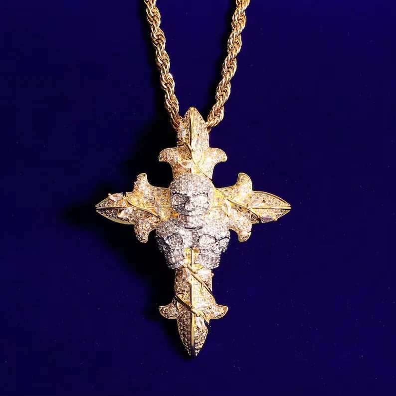 BiG-BOSS Iced Out Cross Skull Pendant Silver Plated Channel Set Moissanite Luxury Gothic Hip Hop Style Party Jewelry for Men