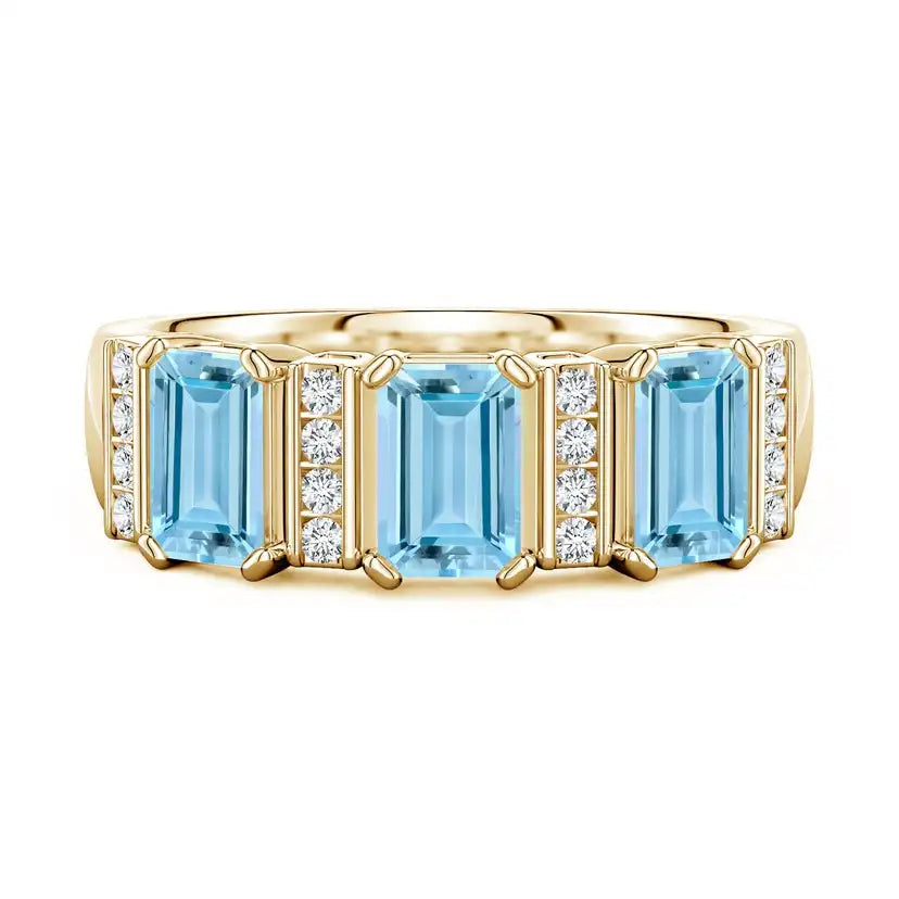 Natural Aquamarine Gemstone Emerald Cut 6*4 mm Natural Diamonds Halo Fine Jewelry IGI Certified Color 14K Solid Solid Gold Ring