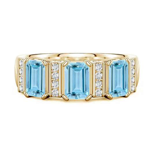 Natural Aquamarine Gemstone Emerald Cut 6*4 mm Natural Diamonds Halo Fine Jewelry IGI Certified Color 14K Solid Solid Gold Ring