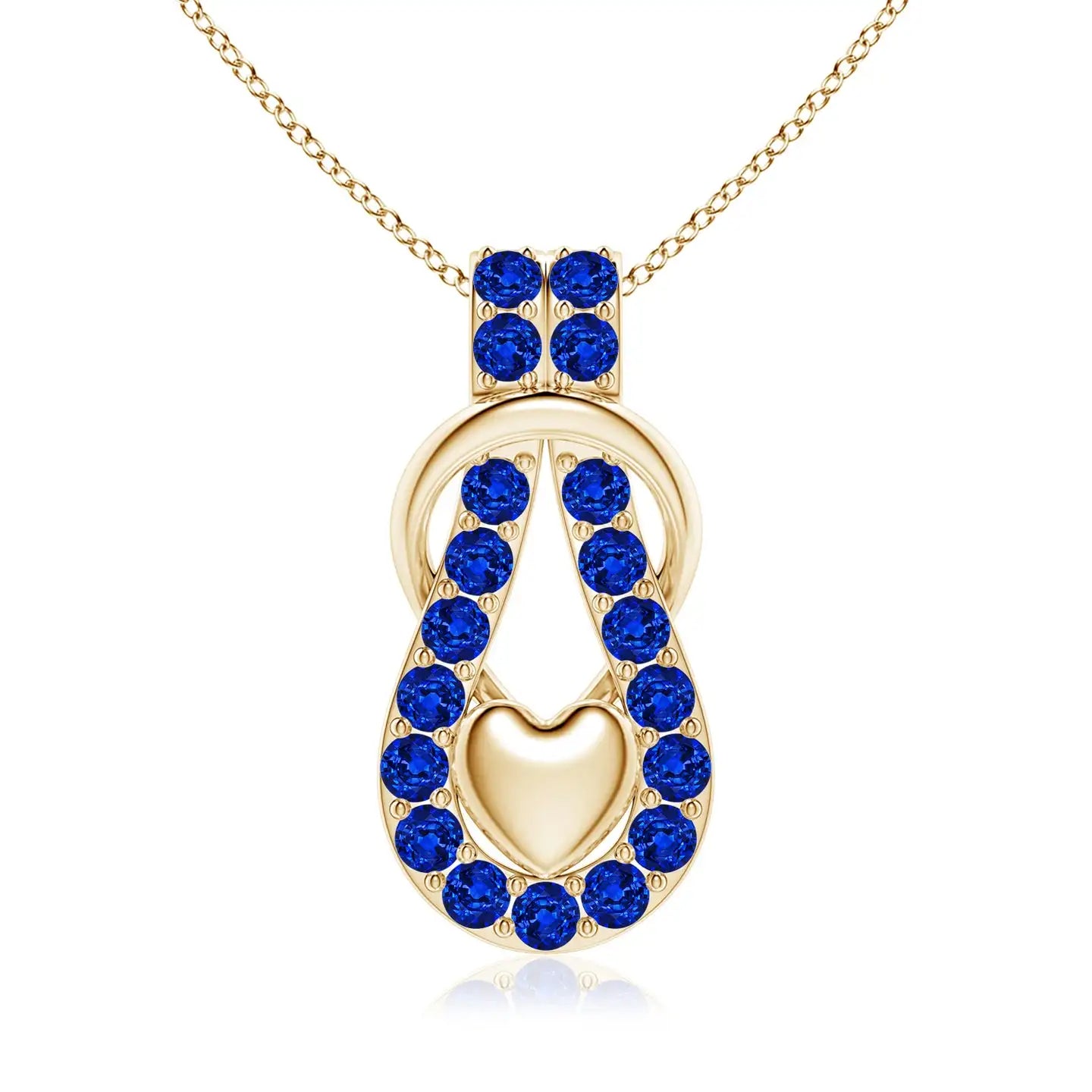 14K Gold Natural Round Cut Blue Sapphire Beaded Infinity Knot Pendant With Puffed Heart Beautiful Romantic Gift For Her Pendant