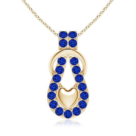 14K Gold Natural Round Cut Blue Sapphire Beaded Infinity Knot Pendant With Puffed Heart Beautiful Romantic Gift For Her Pendant