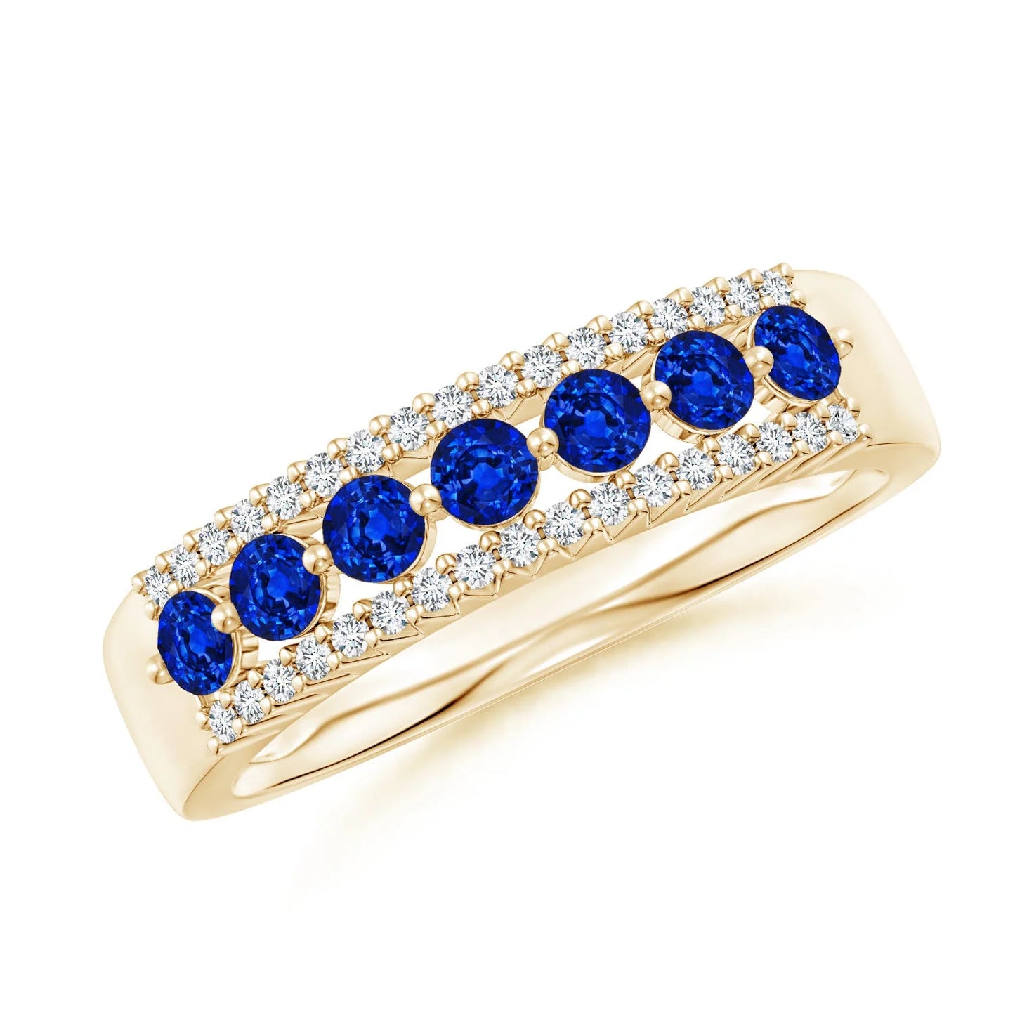14K Solid Gold Floating Round Natural Blue Sapphire Gemstone Half Eternity Ring with Diamonds Dainty Stacking Wedding Ring Band