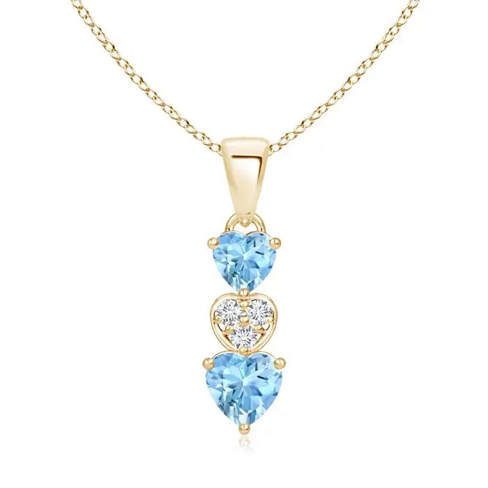 14K Solid Gold Natural 0.6Ctw Aquamarine Dangling Triple Heart Shape Pendant With 0.02Ctw Diamond Romantic Fine Jewelry For Her