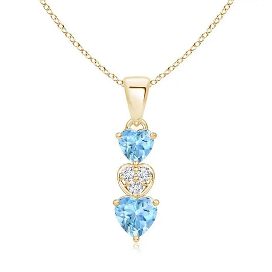14K Solid Gold Natural 0.6Ctw Aquamarine Dangling Triple Heart Shape Pendant With 0.02Ctw Diamond Romantic Fine Jewelry For Her