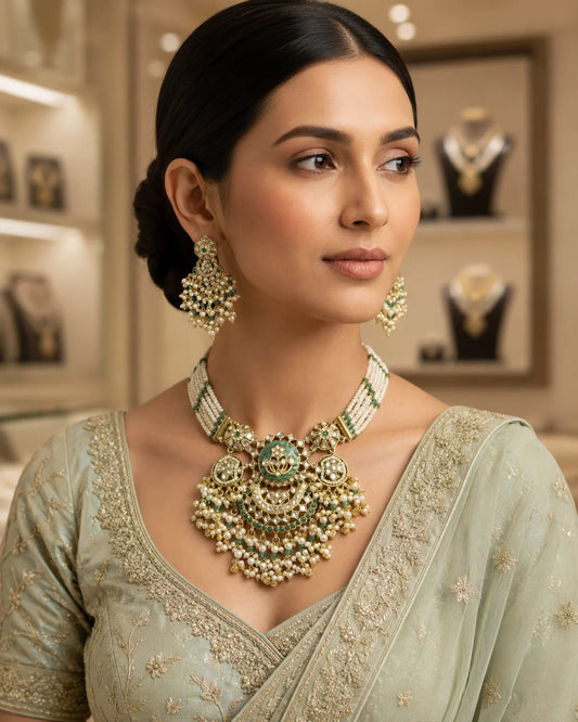 Lakshmi Green Beaded Necklace White Pearl Necklace Temple Necklace Set Temple Jewellery AD Necklace Set, Polki Necklace, Bridal Necklace