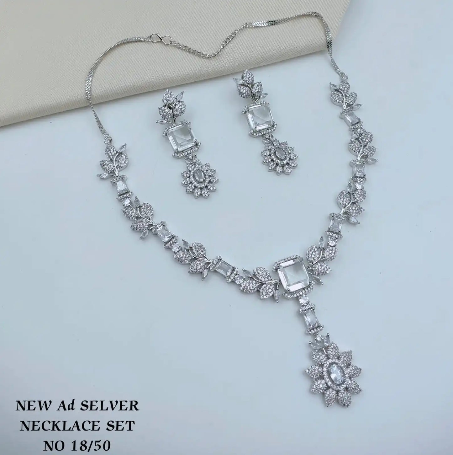 Designer Green AD Silver Plated Emerald Cut CZ Necklace Set with Earrings Floral Leaf Party Wear Jewelry Wholesale Set For Women