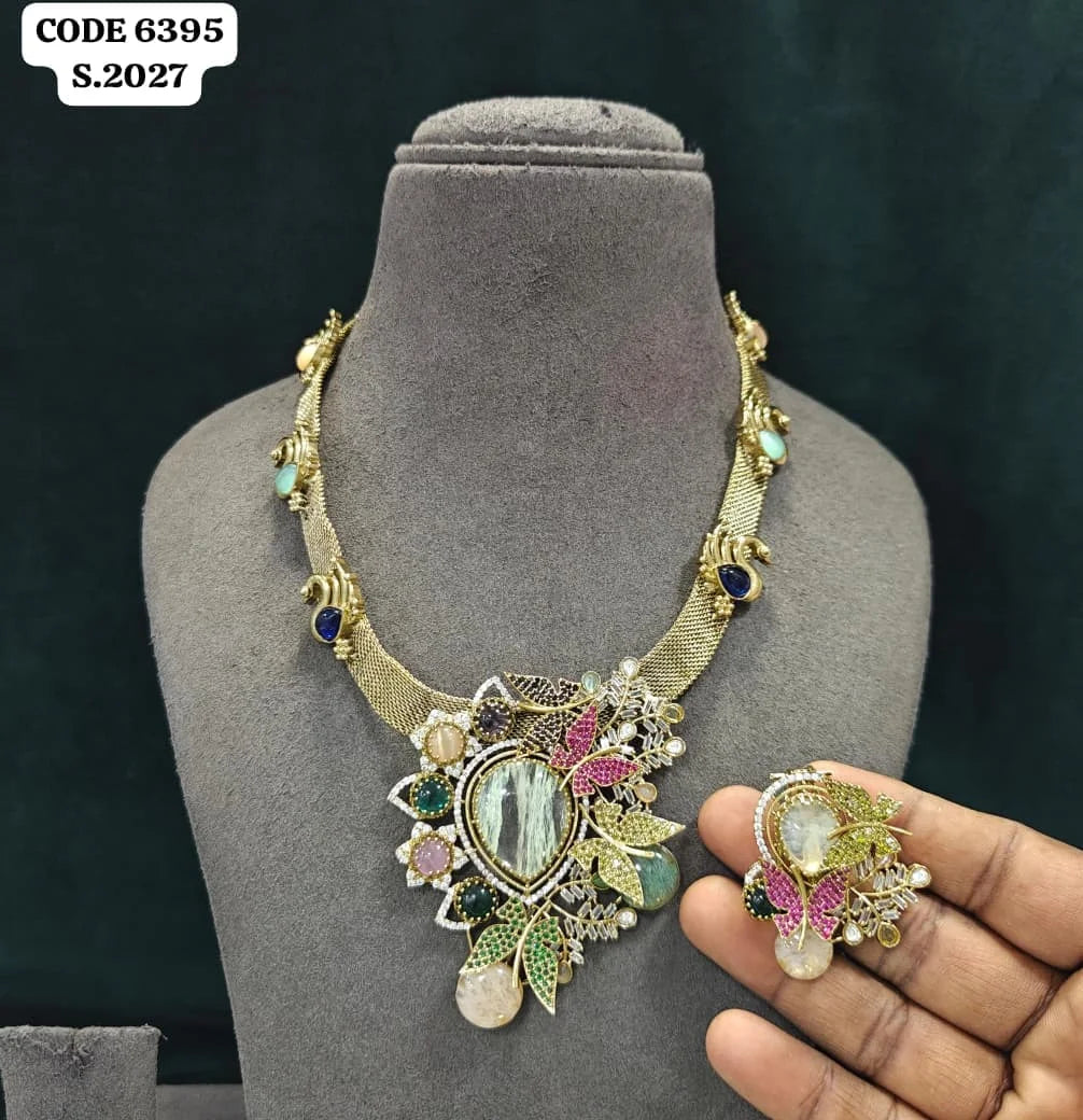 Luxury Royal Floral Peacock Emerald Pear Gemstones Statement Choker Necklace Earrings Set Premium Party Designer Costume Jewelry