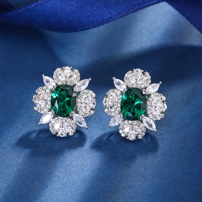 Gemfiori Luxury Women Flower Gemstone Jewelry Set Necklace Ring Earring Fashion High Quality CZ Synthetic Emerald Woman Wedding Jewellery