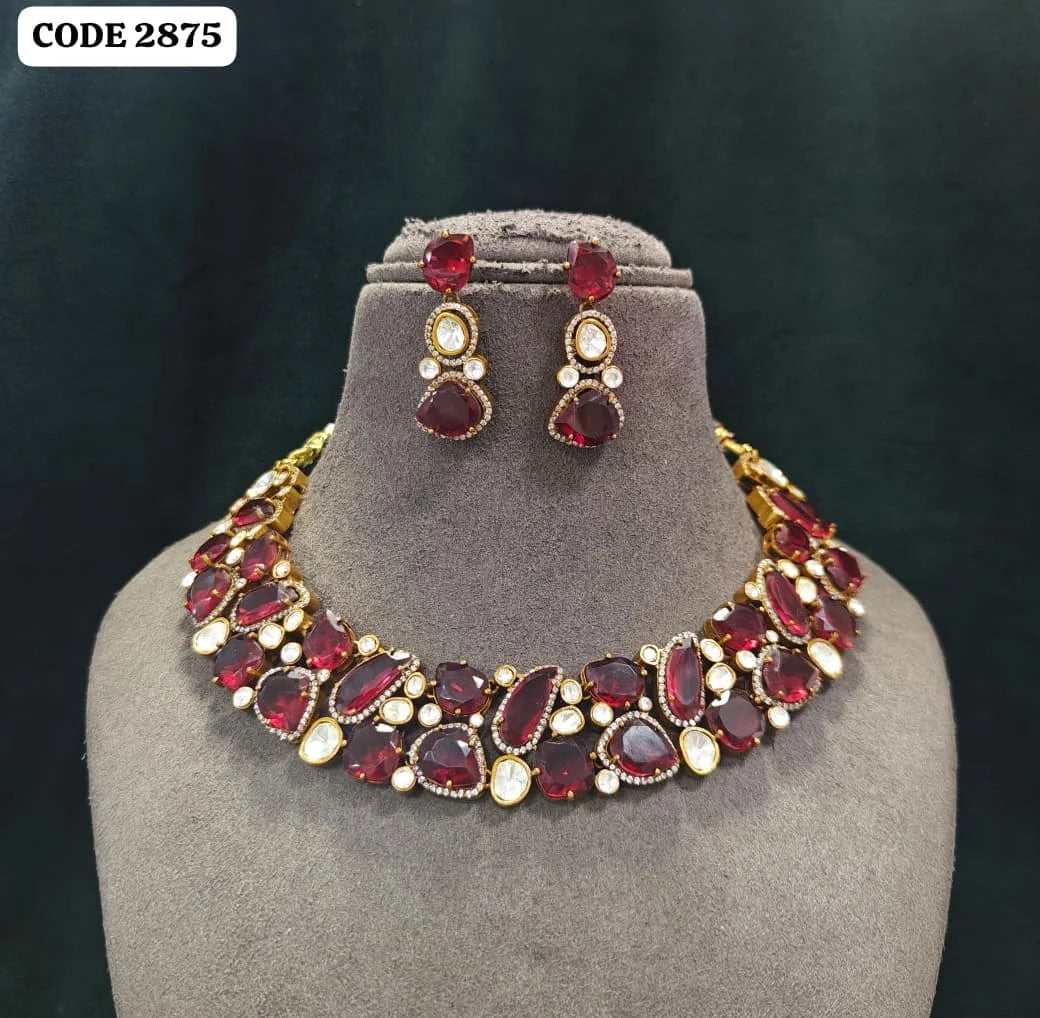 Luxury Ruby Red Kundan Choker Necklace Set for Women Gold Plated Brass Bridal Wedding Party Statement Jewelry Collection Set