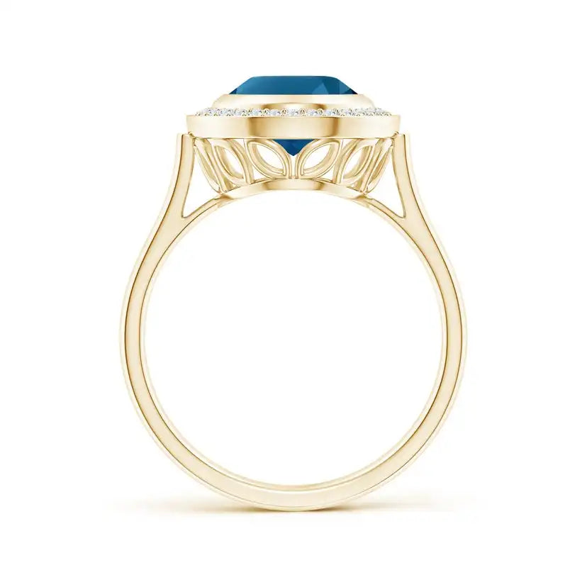 14K Solid Gold Bezel-Set Oval London Blue Topaz Ring with Diamond Halo Handmade Customized Fine Jewelry Wedding Engagement
