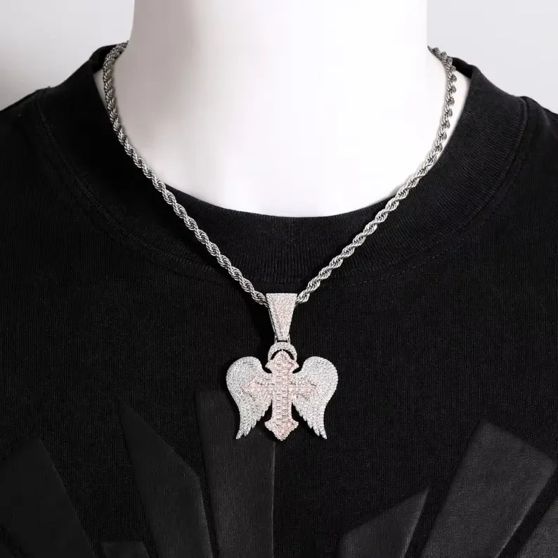 BiG-BOSS Iced Out Cross Wing Pendant Silver and Rose Gold Tone Hip Hop Jewellery for Men and Women
