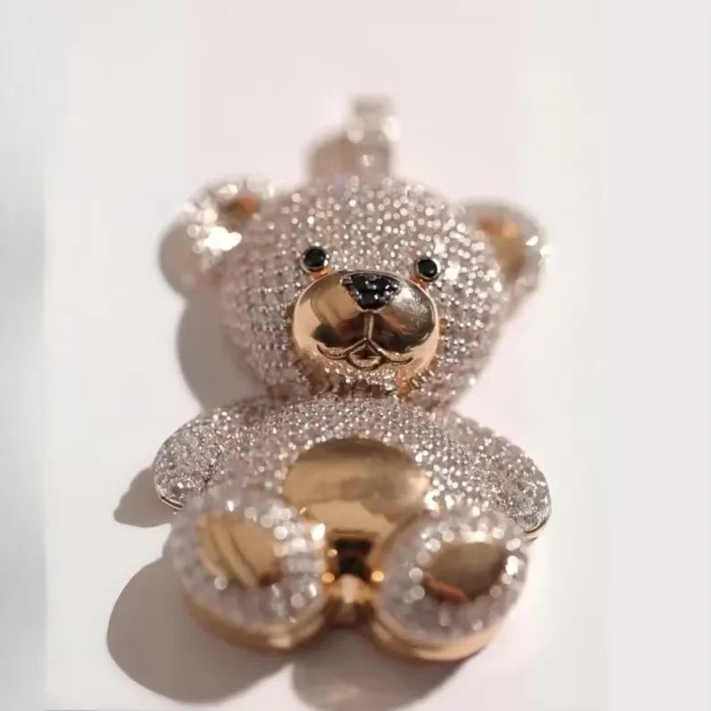 BiG-BOSS Iced Teddy Bear Pendant Sterling Silver Two Tone Gold Finish Channel Set Fully Moissanite Encrusted Luxury Hip Hop Style Party