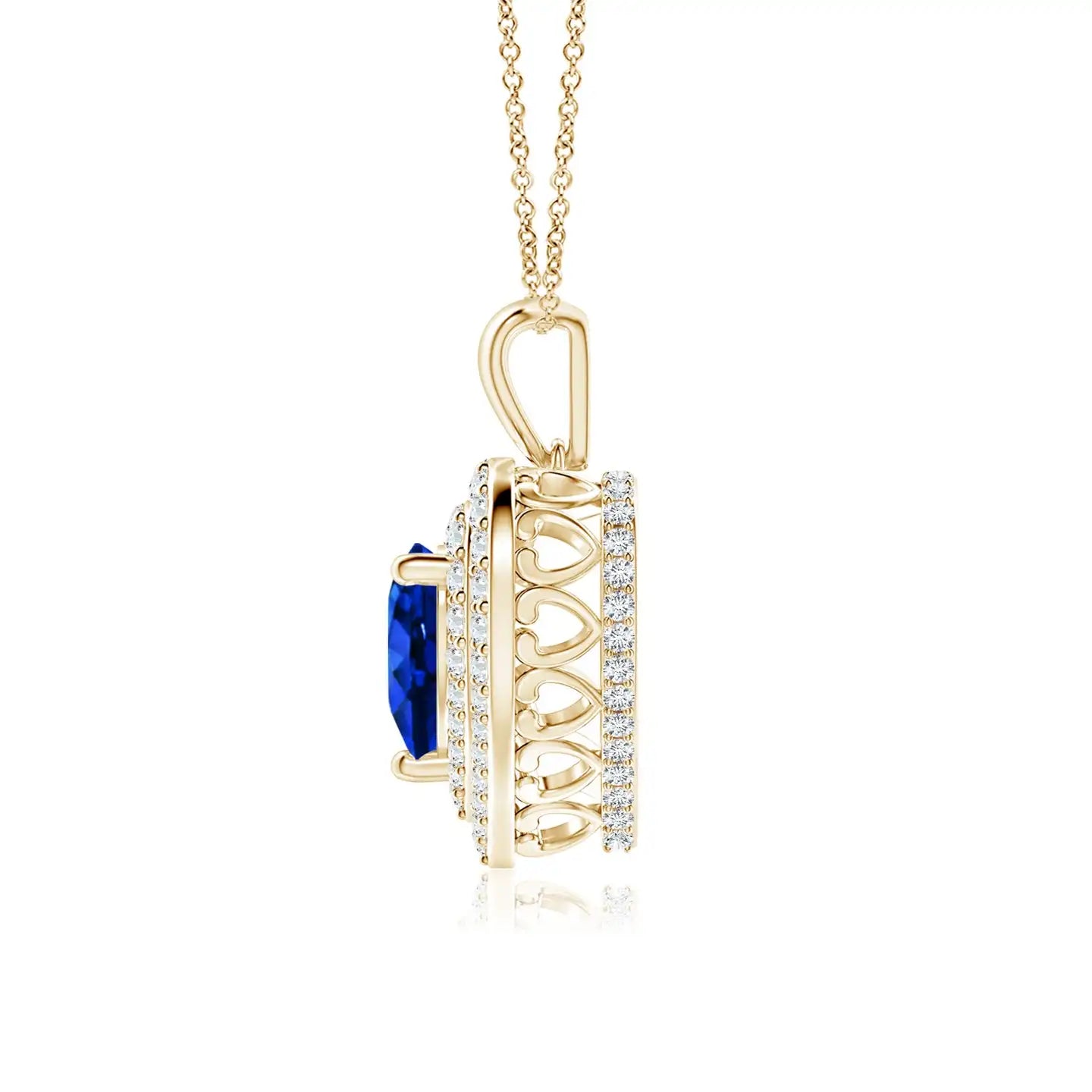 4.39G 14K Pure Gold 5MM 0.4 Ctw Blue Sapphire With 0.39 Ct Diamond Double Halo Pendant Beautiful Romantic Pendant Gift For Her
