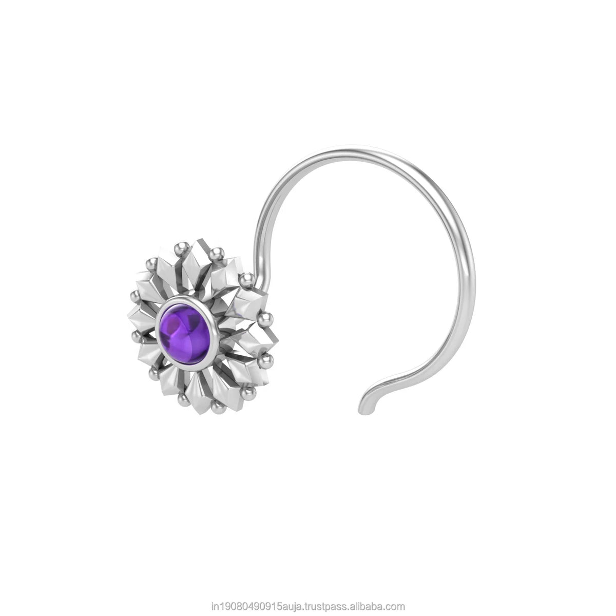 S&S 925 Silver Ethnic Flower Amethyst Nose Pin Stud | Indian Piercing Jewellery