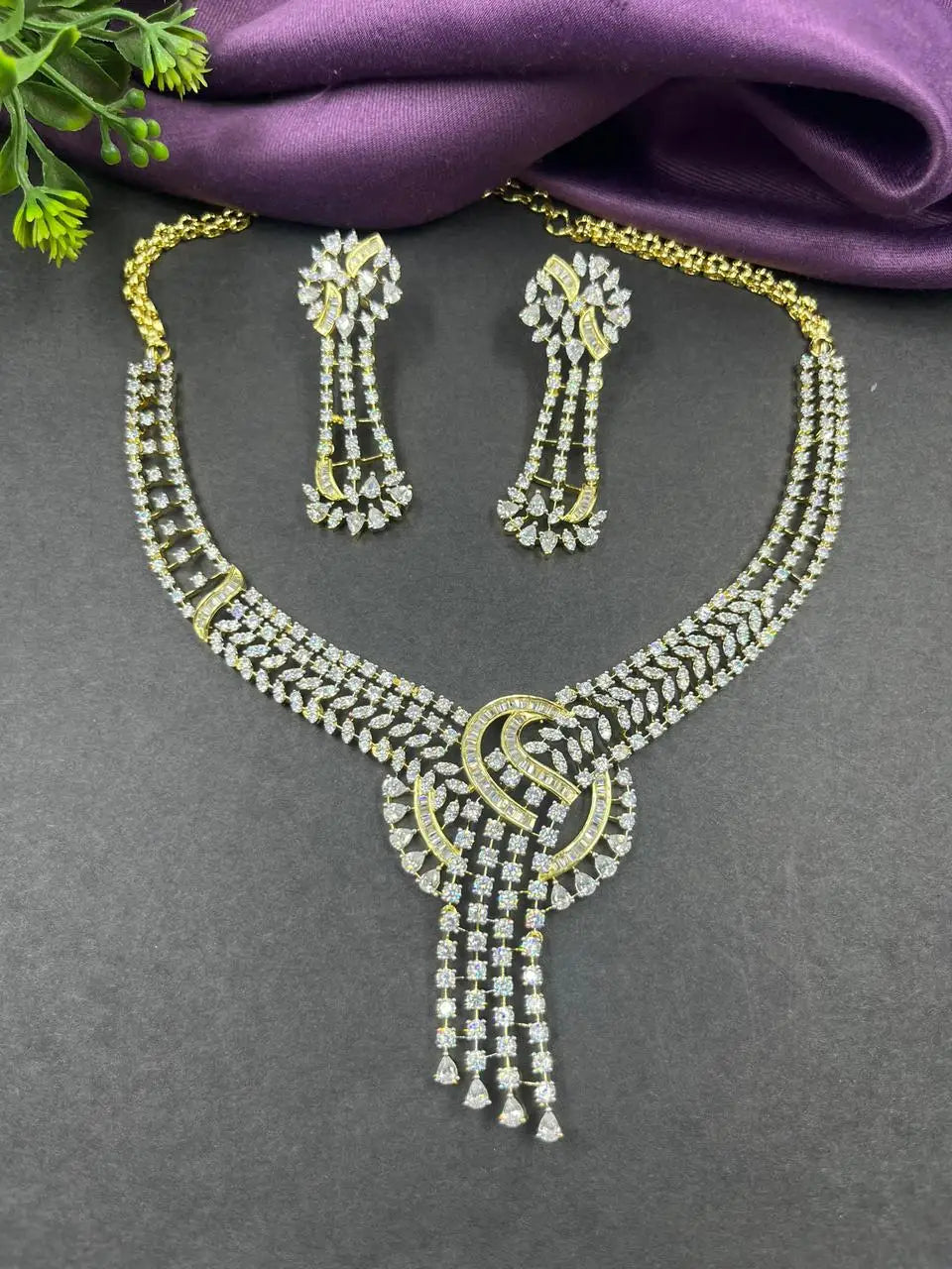CZ diamond golden Necklace Earrings Jewelry Set for Women | Rhodium Alloy Handmade Imitation Indian Fashion Gift Anniversary Set