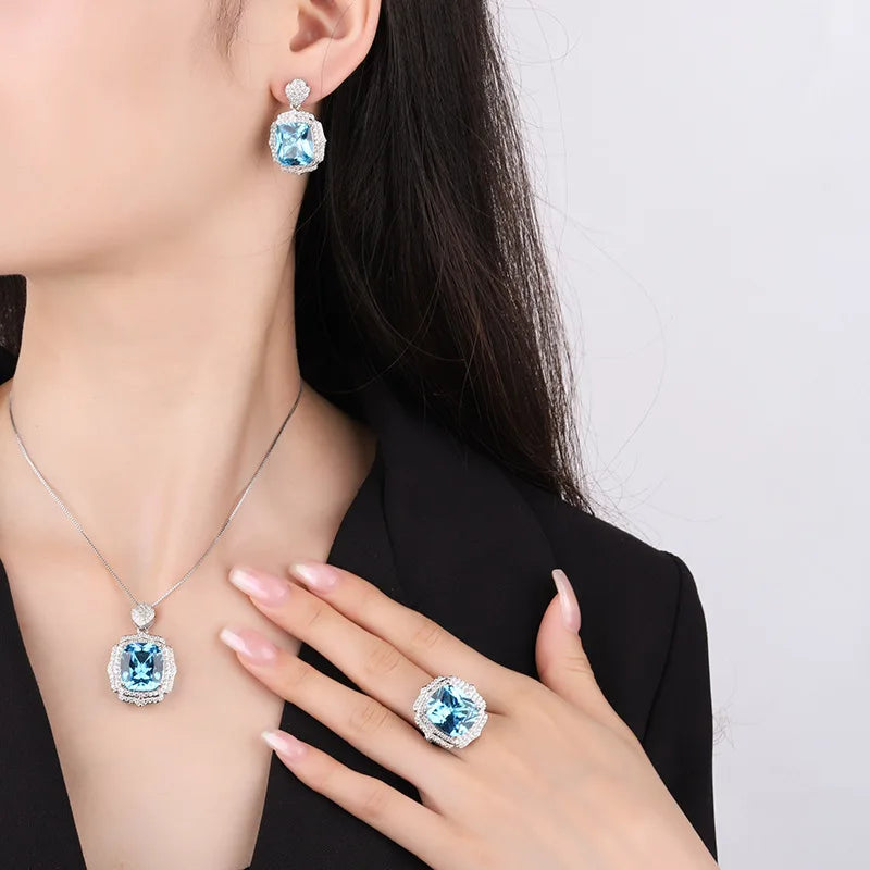 Gemfiori New Luxury Rectangle Cut Simulated Emerald Jewelry Set Platinum Plated Zircon Pendant Necklace Ring Drop Earring Wedding Jewelry