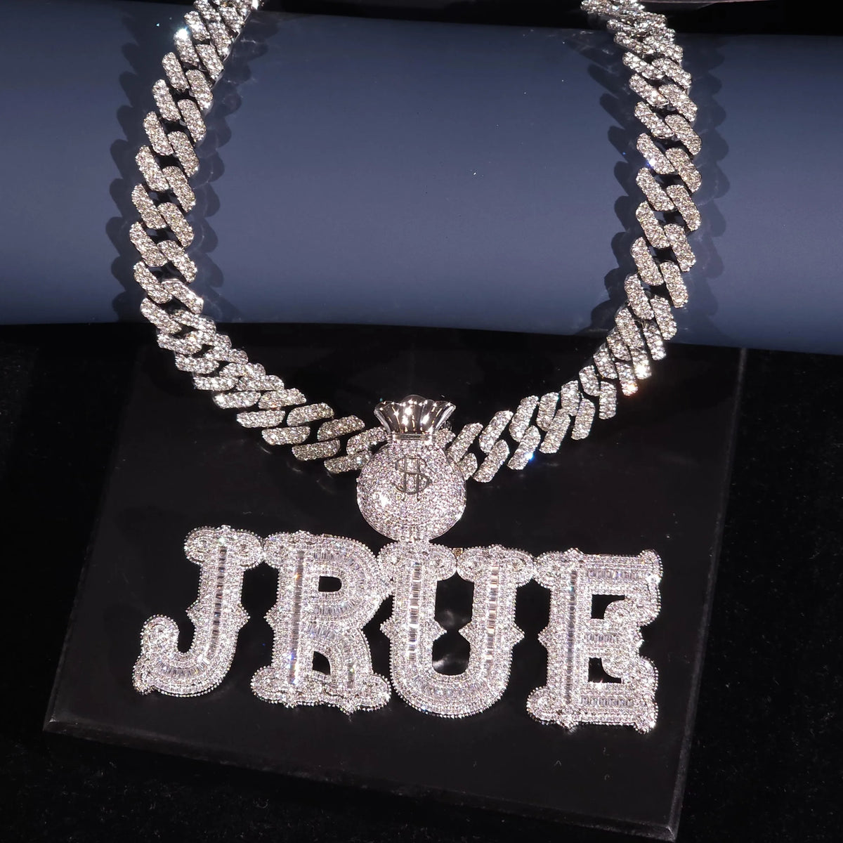 BiG-BOSS Icy Luxury Hip Hop Money Bag Bail Custom Name Men's Silver Plated Cuban Chain Iced Cushion Cut Moissanite Letter Pendants