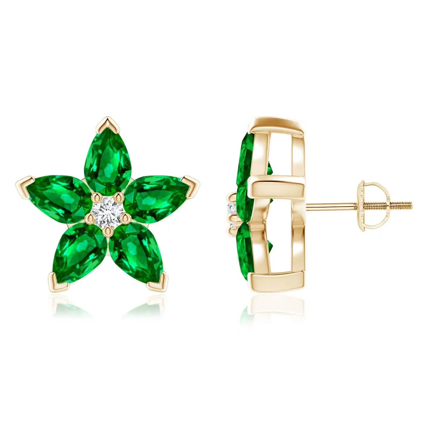 Five-petal flower design with marquise-cut emeralds, center diamond cluster, 14kt yellow gold setting and screw-back closure