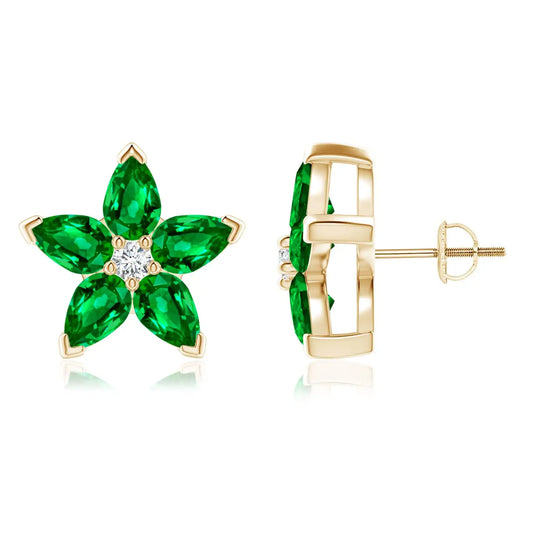 Five-petal flower design with marquise-cut emeralds, center diamond cluster, 14kt yellow gold setting and screw-back closure