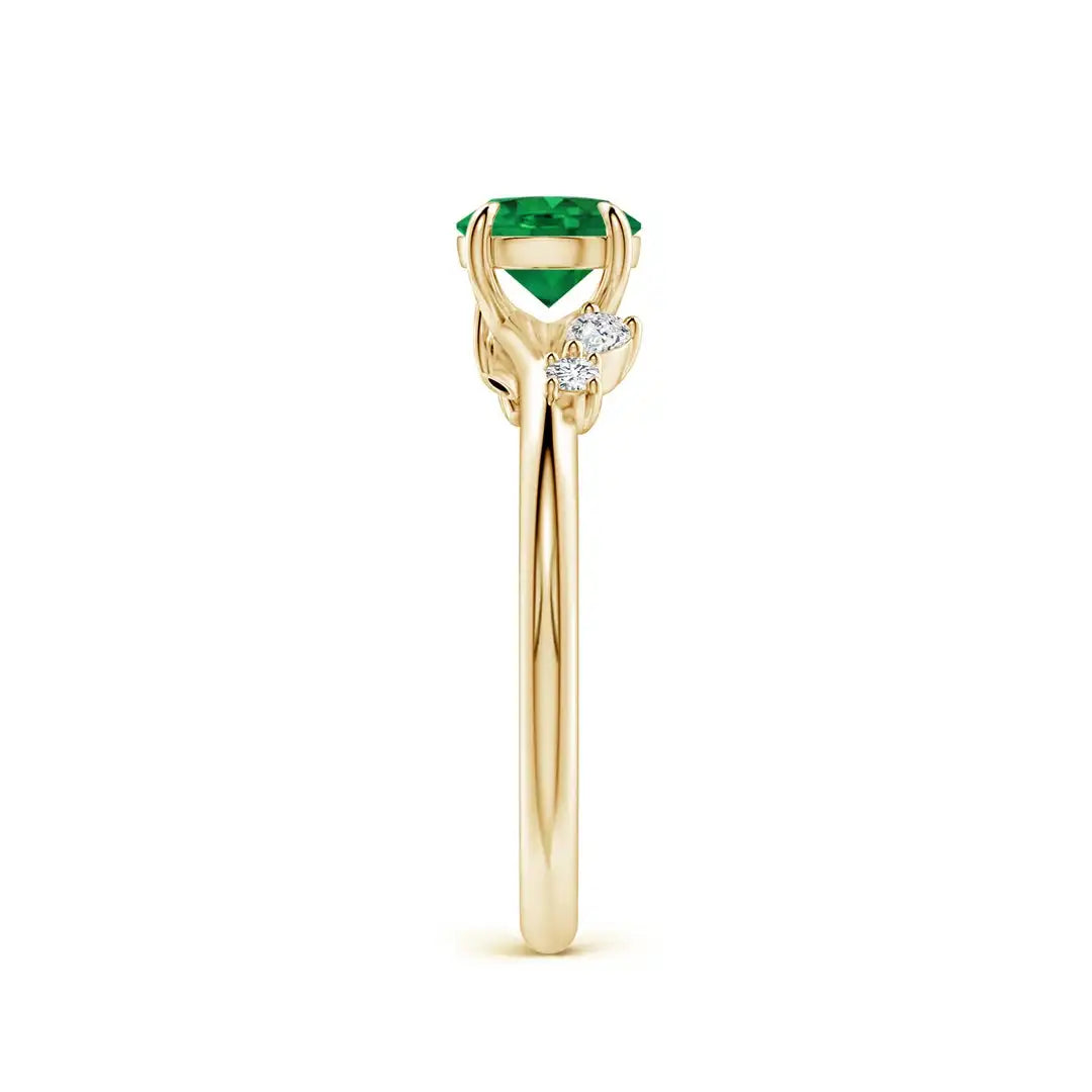 14K Gold Round Cut 1Ctw Green Emerald Gemstone Engagement Ring with Multi-Shape Natural Diamond Accents Customized Handmade Ring