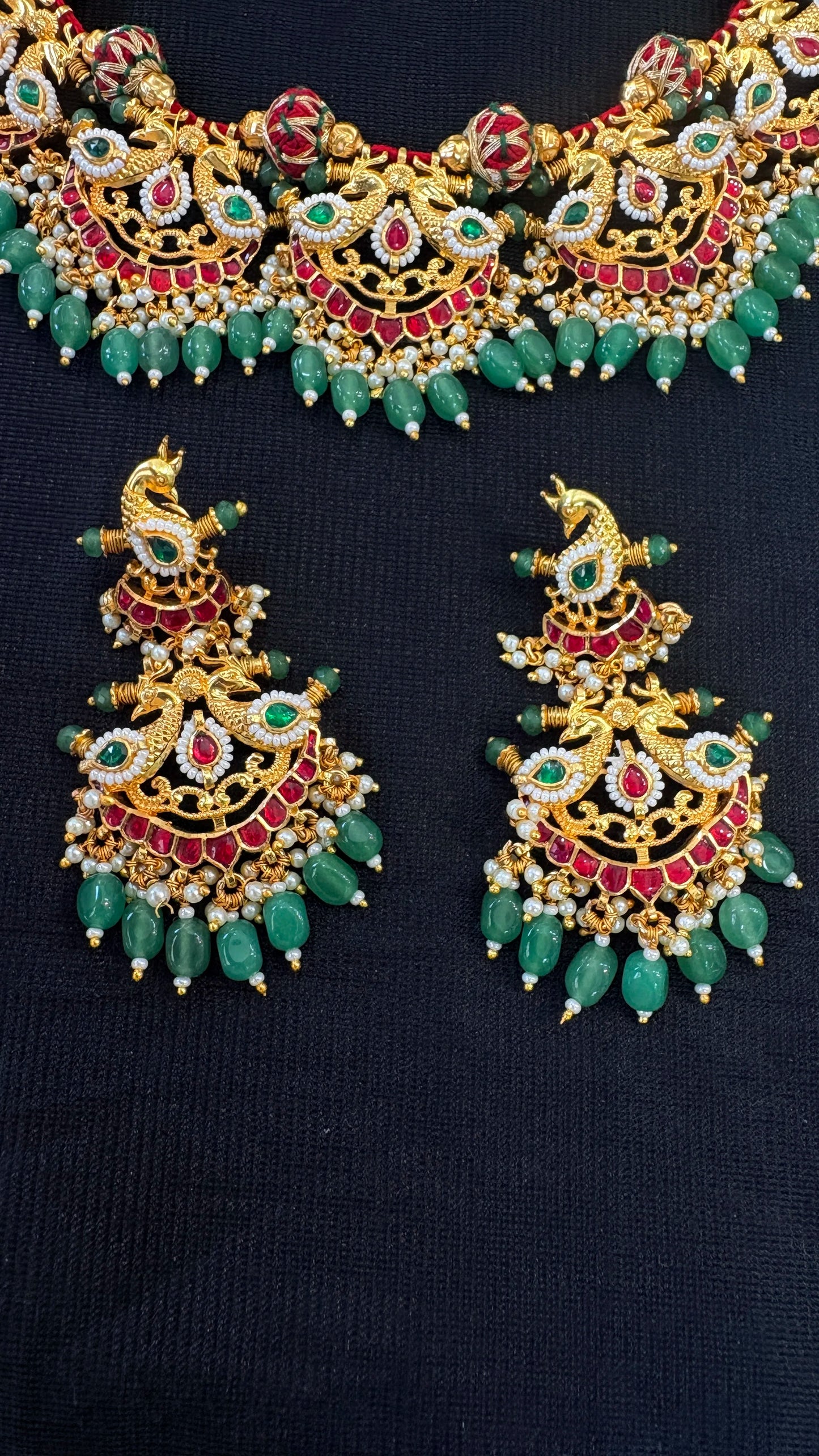 Gold Plated Ethnic Choker Necklace Set with Ruby and Green Stones Strand Tassel for Women Wedding Jewelry